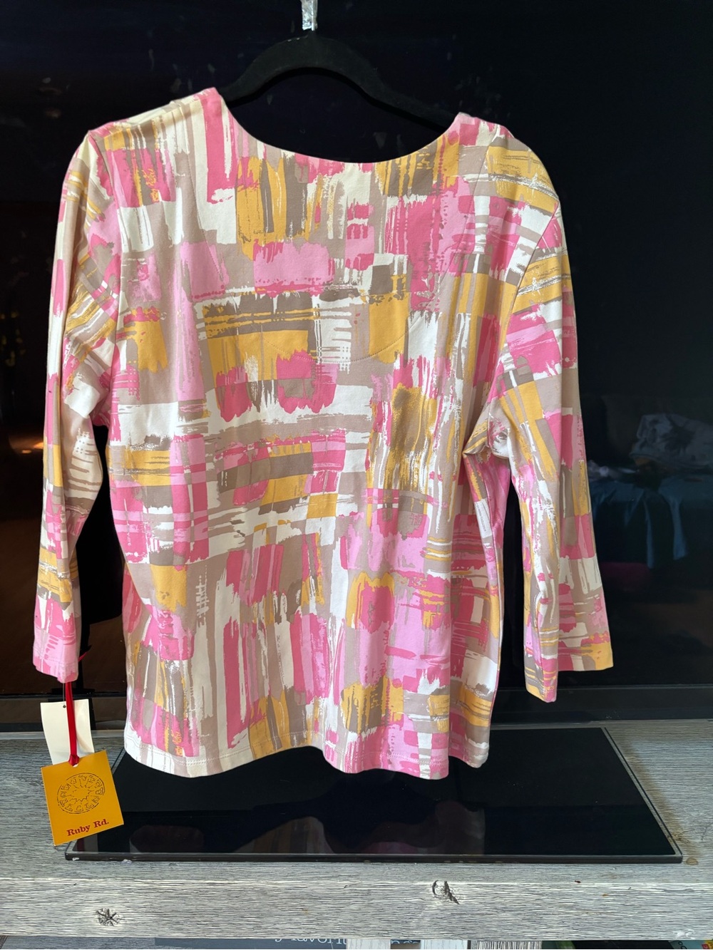 Ruby Rd. Pink and Yellow Abstract Brushstroke Top - Picture 4 of 7